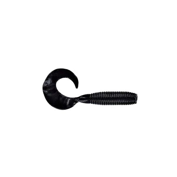 Yamamoto Single Tail Grub fishing lure in black, featuring a ribbed body and curled tail designed for lifelike movement to attract fish in freshwater or saltwater fishing.