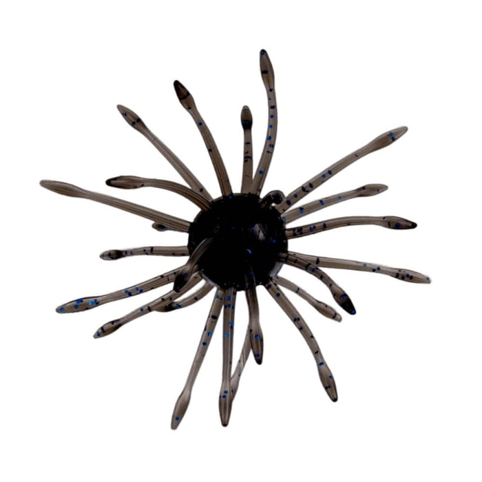 Close-up of a Yamamoto Uni fishing lure designed with multiple flexible appendages in translucent black with blue spots, ideal for attracting fish in freshwater fishing tackle.