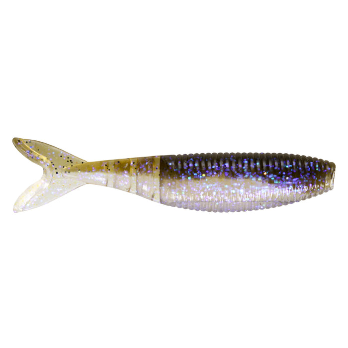 Yamamoto Zako Slim Swimbait in translucent green and purple with glitter flakes, featuring a ribbed body and a forked tail designed for lifelike swimming action.