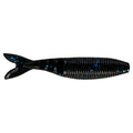 Yamamoto Zako Slim Swimbait fishing lure in black with blue flecks, featuring a ribbed body and split tail design for realistic swimming action.