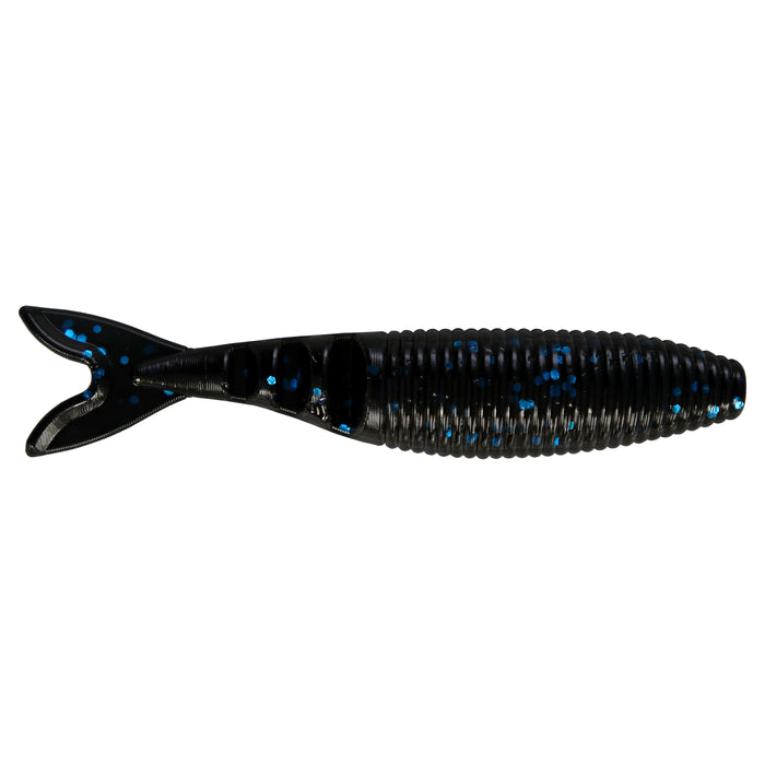 Yamamoto Zako Slim Swimbait fishing lure in black with blue flecks, featuring a ribbed body and split tail design for realistic swimming action.