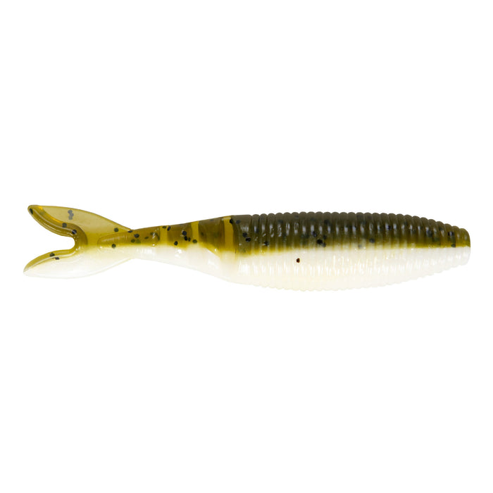Yamamoto Zako Slim Swimbait in olive green and white with ribbed body and forked tail, designed as a soft fishing lure for effective angling.