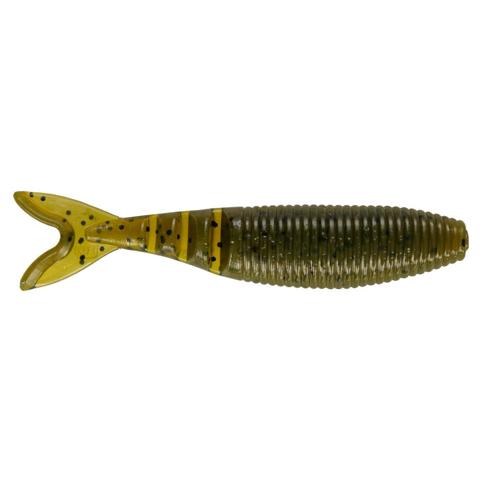 Yamamoto Zako Slim Swimbait in greenish-brown with ribbed body and twin tail, designed for realistic swimming action as fishing tackle for freshwater species.