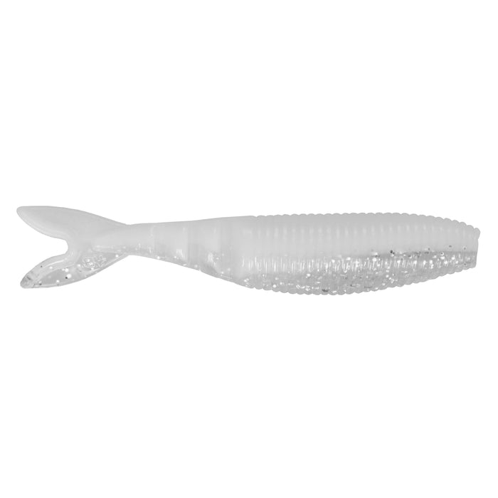 Yamamoto Zako Slim Swimbait in clear translucent design with a soft ribbed body and a paddle tail, ideal for fishing lures and tackle applications.