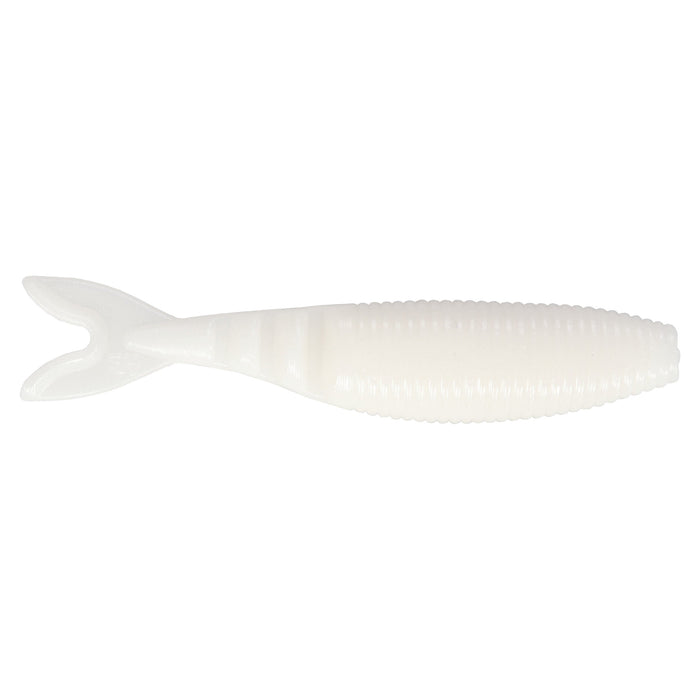 Yamamoto Zako Slim Swimbait in a cream white color, featuring a ribbed, soft plastic body with a forked tail, designed for effective fishing lure action.