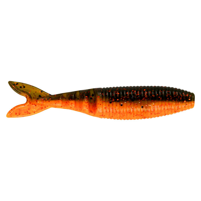 Yamamoto Zako Slim Swimbait fishing lure in translucent orange and dark green with black speckles, designed for fishing tackle and effective water movement.