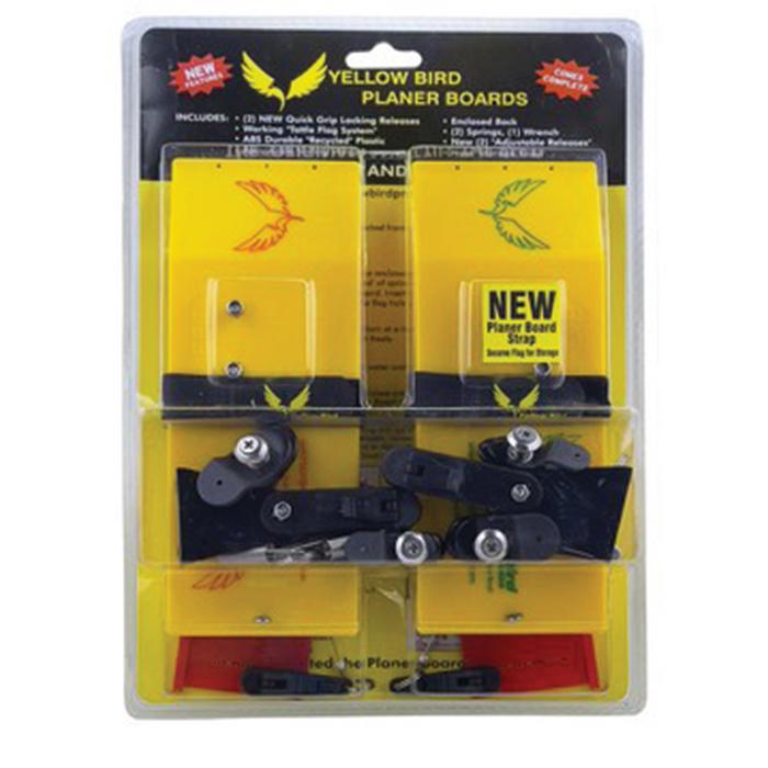Yellowbird Pro-Pack Planer Boards in clear packaging featuring bright yellow boards with black mounting hardware designed for fishing tackle use in musky and fly fishing.