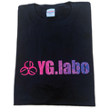 Black crew neck YG.Labo T-Shirts folded, featuring a pink and purple gradient logo with floral patterns on the front center.