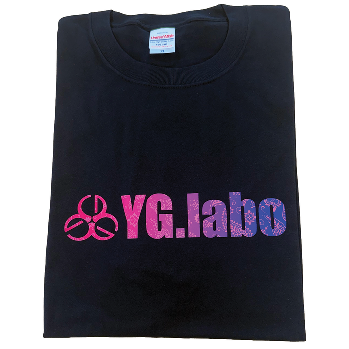 Black crew neck YG.Labo T-Shirts folded, featuring a pink and purple gradient logo with floral patterns on the front center.