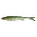 YG.Labo Witch Rizu soft fishing lure designed to resemble a small baitfish with a greenish top and silvery body, ideal for musky fishing and fishing tackle collections.