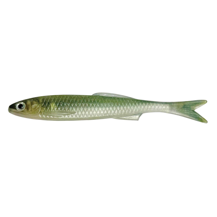 YG.Labo Witch Rizu soft fishing lure designed to resemble a small baitfish with a greenish top and silvery body, ideal for musky fishing and fishing tackle collections.