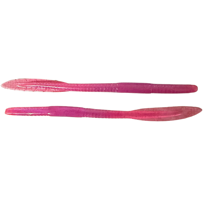 YG.Labo Witch Whip fishing lures in translucent pink with tapered bodies and paddle tails designed for lifelike movement in water, ideal for use with fishing tackle.