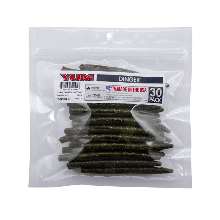 Clear resealable package containing a 30 pack of Yum Dinger Worm 4" - Bulk Pack soft plastic fishing lures in a natural dark green color with flecks, designed for fishing tackle use.
