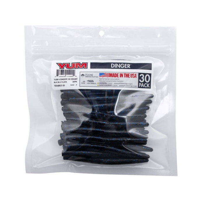Clear resealable plastic bag containing 30 black and blue speckled soft plastic fishing lures, labeled "Yum Dinger 30 Pack," featuring "Yum Dinger Worm 4" - Bulk Pack".