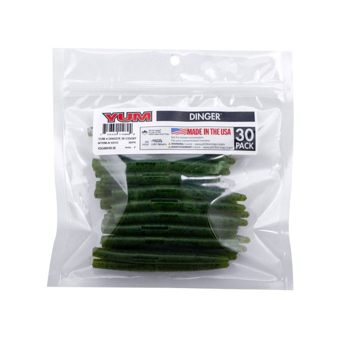 Clear resealable plastic bag containing multiple green soft plastic fishing lures shaped like worms labeled "Yum Dinger Worm 4" - Bulk Pack" with 30 pieces, designed for fishing tackle use.