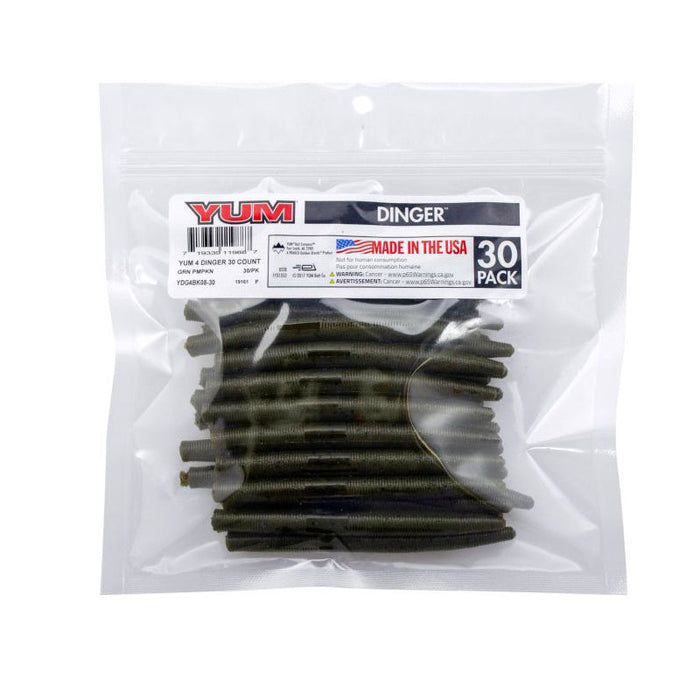 Clear resealable plastic bag containing multiple dark green soft plastic fishing worms, labeled "Yum Dinger Worm 4" - Bulk Pack" with 30 pieces made in the USA.