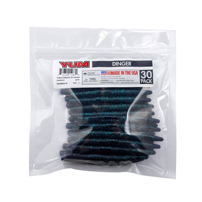 Clear resealable plastic bag containing a 30 pack of dark glittery fishing lures labeled "Yum Dinger Worm 4" - Bulk Pack" designed for fishing tackle use.