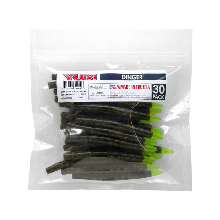 Clear resealable plastic bag containing a bulk pack of 30 Yum Dinger Worm 4" soft plastic fishing lures with dark bodies and bright chartreuse green tails.