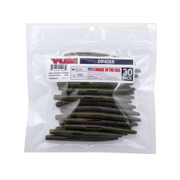Clear resealable plastic bag containing a bulk pack of dark green soft plastic fishing lures labeled "Yum Dinger" and marked as 30 pack, "Yum Dinger Worm 4" - Bulk Pack".