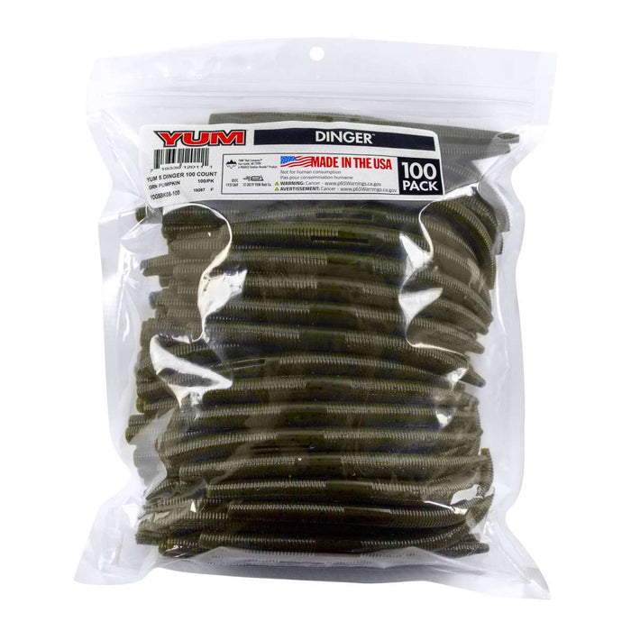 Clear resealable plastic bag containing a 100-pack of dark green soft plastic fishing lures shaped like ribbed worms, labeled "Yum Dinger Worm 5" - Bulk Pack" for fishing tackle use.