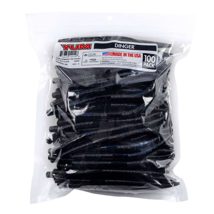 Clear resealable plastic bag containing a bulk pack of 100 black soft plastic fishing lures shaped like worms, labeled "Yum Dinger Worm 5" - Bulk Pack" designed for fishing tackle use.