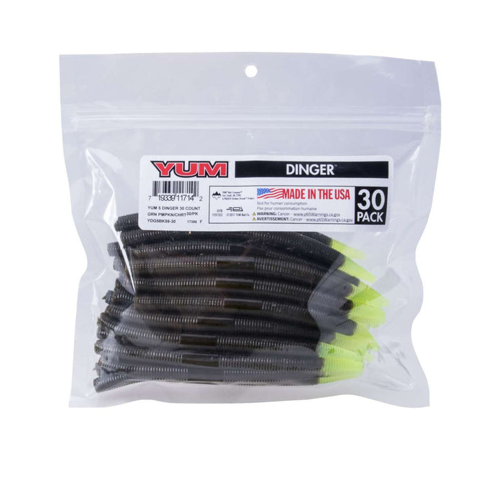 Clear resealable package containing thirty 5-inch dark-colored soft plastic fishing lures with bright yellow tips, labeled "Yum Dinger Worm 5" - Bulk Pack" for fishing tackle use.
