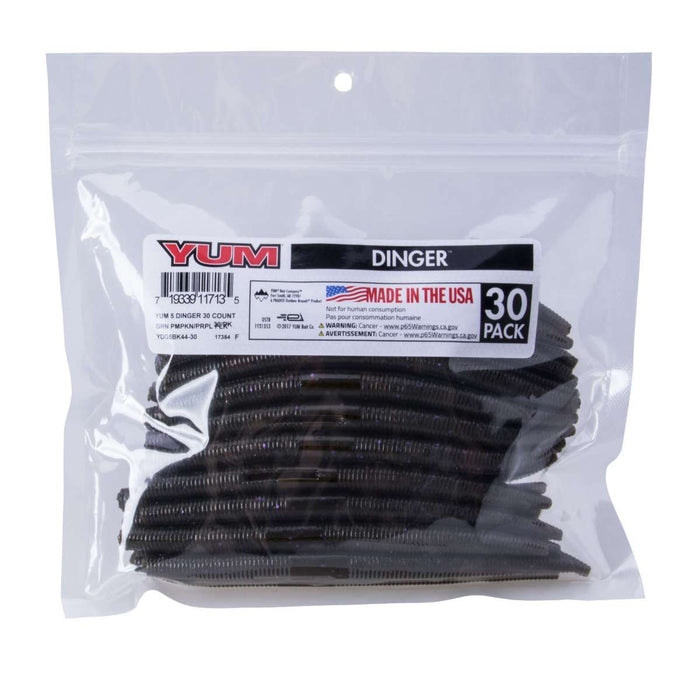 Clear resealable plastic bag containing a bulk pack of 30 dark purple soft plastic fishing lures labeled "Yum Dinger," designed for use as fishing tackle.