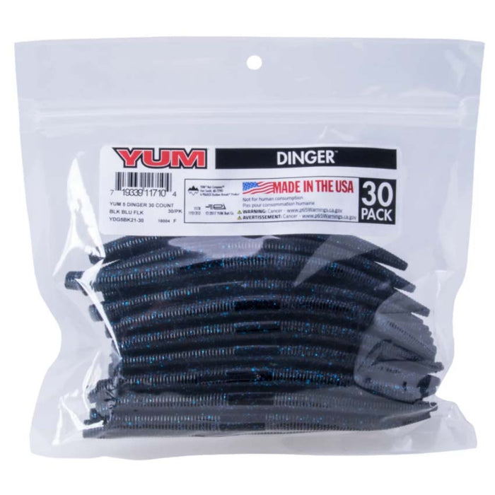 Clear resealable bag containing a 30 pack of black and blue fishing lures labeled "Yum Dinger" featuring soft worm-style baits designed for fishing tackle, labeled "Yum Dinger Worm 5" - Bulk Pack".