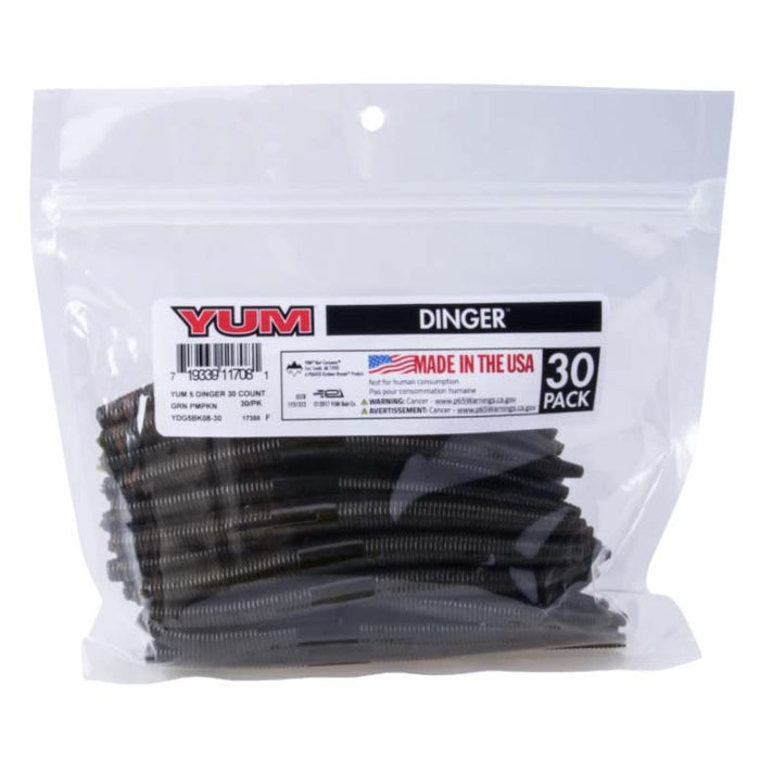 Clear resealable plastic bag containing multiple dark segmented soft plastic fishing lures labeled "Yum Dinger 30 Pack", displayed for fishing tackle use in bulk.