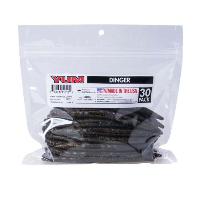 Clear resealable bag containing a 30 pack of Yum Dinger Worm 5" - Bulk Pack soft plastic fishing lures designed for fishing tackle use.