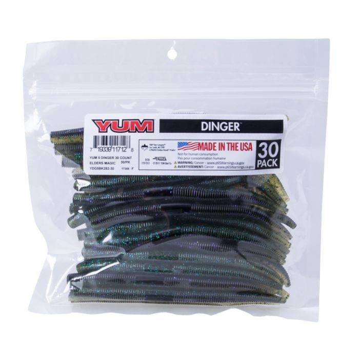 Clear resealable package containing a 30 pack of Yum Dinger Worm 5" - Bulk Pack soft plastic fishing lures in dark green and black with blue flecks.