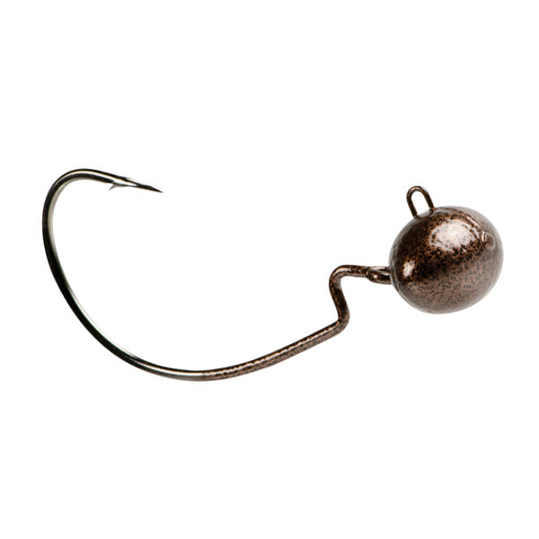 Yum Hard Head Swinging Football Jig Head with a curved, barbed hook and round, textured, brown weighted head designed for effective fishing tackle use.