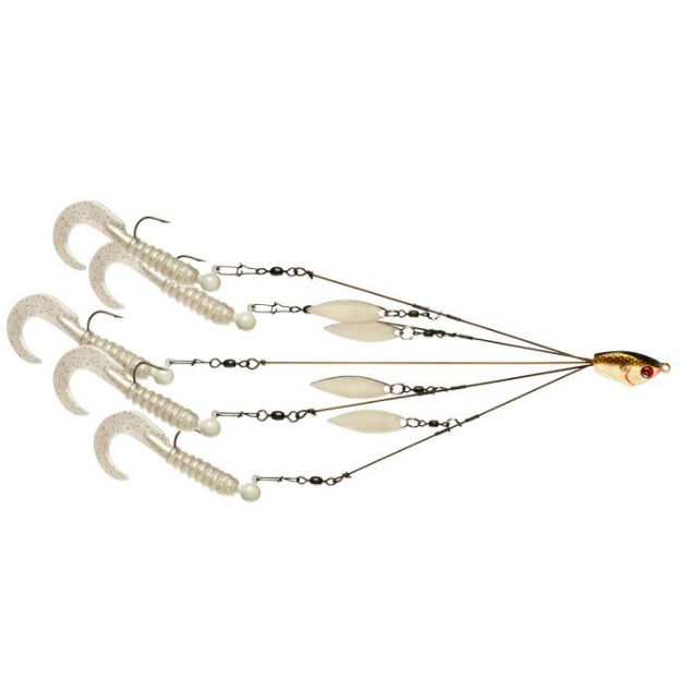 Yum Yumbrella Flash Mob Jr Kit featuring multiple soft plastic curly tail lures attached to wire arms with a gold and red weighted fish head for fishing tackle use.