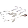 Yum Yumbrella Flash Mob Jr Kit showing a fishing lure with a detailed fish head, three metal spinner blades, three white soft plastic curly tail grubs, and three fishing hooks with swivels on a white background.