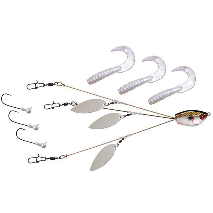 Yum Yumbrella Flash Mob Jr Kit showing a fishing lure with a detailed fish head, three metal spinner blades, three white soft plastic curly tail grubs, and three fishing hooks with swivels on a white background.