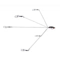 Yum Yumbrella Umbrella Rig featuring a fish-shaped weighted head with five wire arms ending in swivels and snaps for attaching multiple fishing lures or tackle.