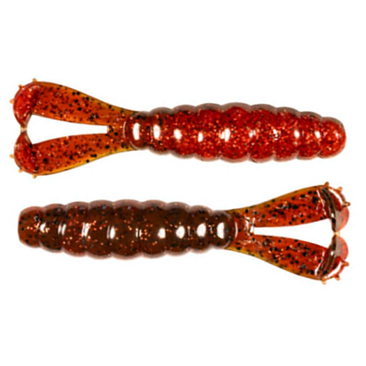 Two soft plastic fishing lures in reddish and brownish tones with segmented bodies and forked tails, designed as Z-Man Baby Goat for fishing tackle use.