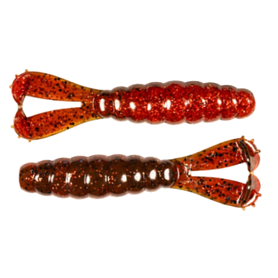 Two soft plastic fishing lures in red and dark brown with black speckles, featuring segmented bodies and forked tail fins, model Z-Man Billy Goat for fishing tackle.
