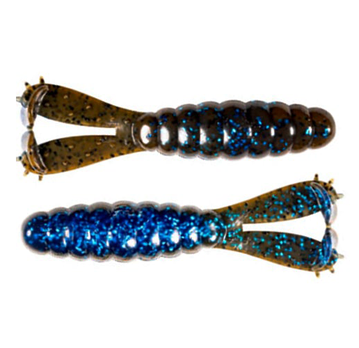 Two Z-Man Billy Goat fishing lures in blue and brown colors with segmented, ribbed bodies and twin paddle tails, designed for musky fishing tackle.