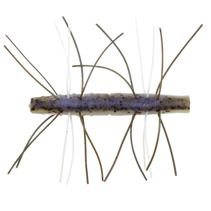 Z-Man Fuzzy TRD fishing lure with a segmented, translucent body featuring purple flecks and multiple soft, flexible legs in brown and white for lifelike movement in water.