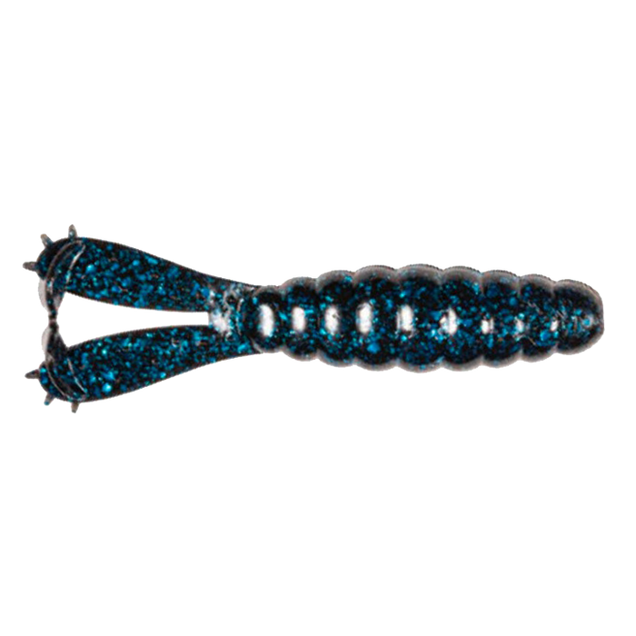 Z-Man Goat fishing lure in dark blue with black speckles, designed for musky fishing, featuring a segmented body and twin tail appendages for lifelike movement.