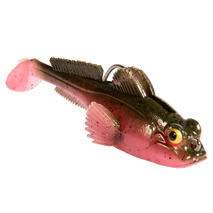 Z-Man Gobius Swimbait in pink and dark green tones featuring detailed fins, eyes, and a soft plastic body designed for fishing tackle and lure use.