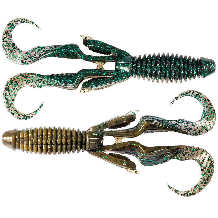 Two Z-Man Gremlin Creature Bait soft plastic fishing lures with ribbed bodies and curly tails in green and brown shades with flecks, designed for freshwater fishing tackle.