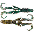 Two Z-Man Gremlin Creature Bait soft plastic fishing lures with ribbed bodies and curly tails in green and brown shades with flecks, designed for freshwater fishing tackle.