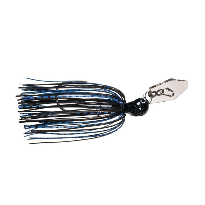 Z-Man Jack Hammer Stealthblade Chatterbait fishing lure with black and blue skirt, curved blade, and weighted head designed for musky and bass fishing tackle.