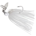 Z-Man Micro Max Chatterbait lure with a white speckled head, metal blade, single hook, and long white skirt strands designed for effective fishing tackle.