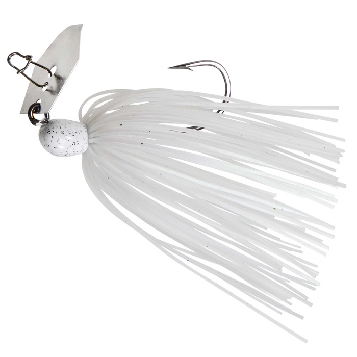 Z-Man Micro Max Chatterbait lure with a white speckled head, metal blade, single hook, and long white skirt strands designed for effective fishing tackle.