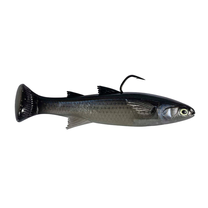 Z-Man Mulletron LT soft fishing lure in dark natural fish colors featuring a realistic fish shape, paddle tail, and single hook for effective fishing tackle use.