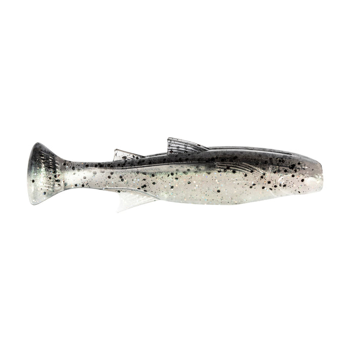 Z-Man Mulletron Swimbait in natural shad colors, featuring a soft, flexible body with speckled black and silver details designed for lifelike movement in fishing tackle.