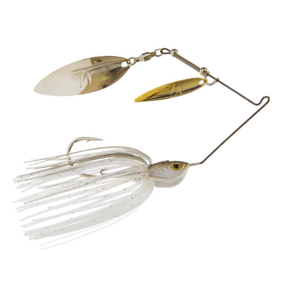 Z-Man SlingBladeZ Double Willow fishing lure with a white and silver skirt, dual willow blade spinner, and a sharp hook designed for musky fishing tackle.